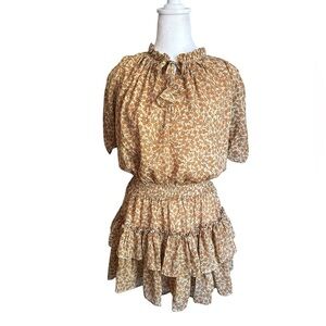 Sky to Moon Women's Floral Tiered Ruffle Tie Sleeve Smock Waist Mini Dress Sz M